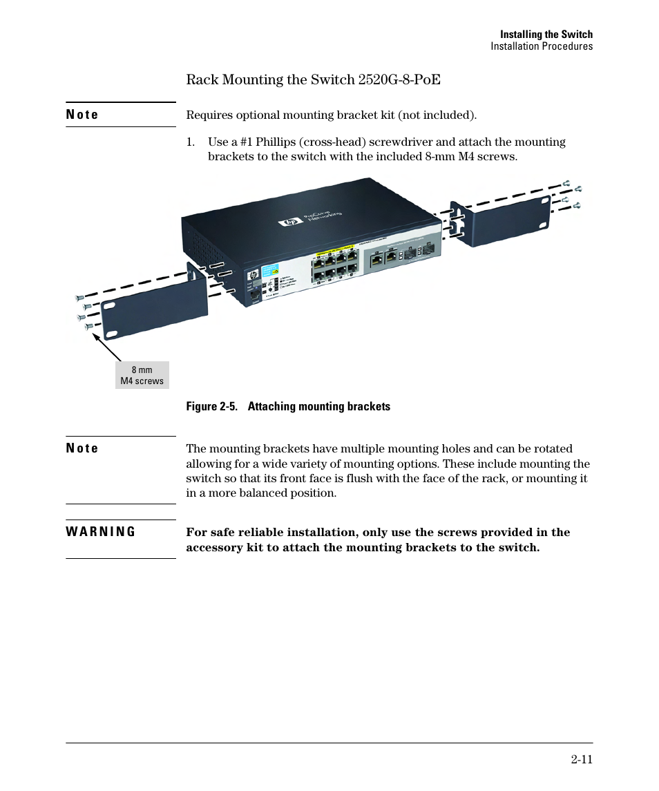 Rack mounting the switch 2520g-8-poe, Rack mounting the switch 2520g-8-poe -11 | HP 2520G-POE User Manual | Page 31 / 101