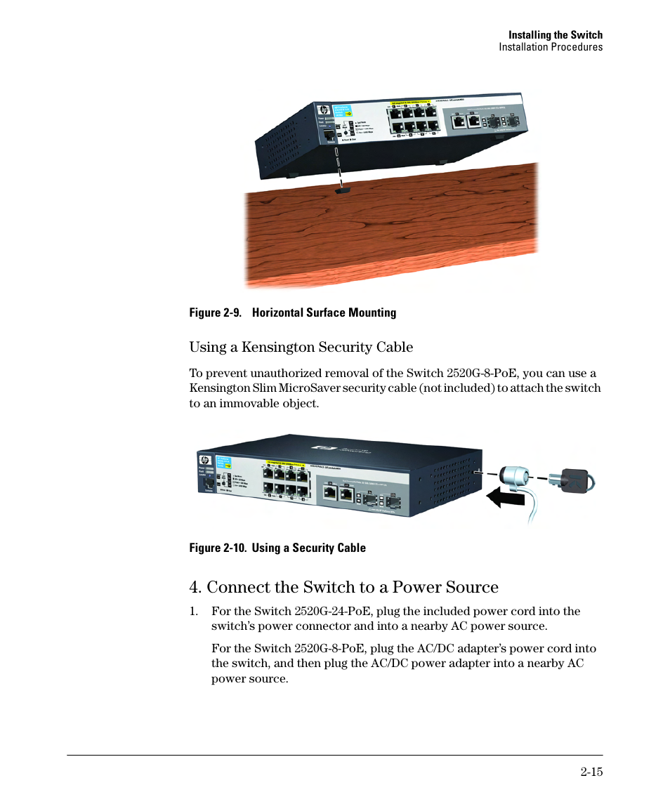 Using a kensington security cable, Connect the switch to a power source, Using a kensington security cable -15 | Connect the switch to a power source -15 | HP 2520G-POE User Manual | Page 35 / 101