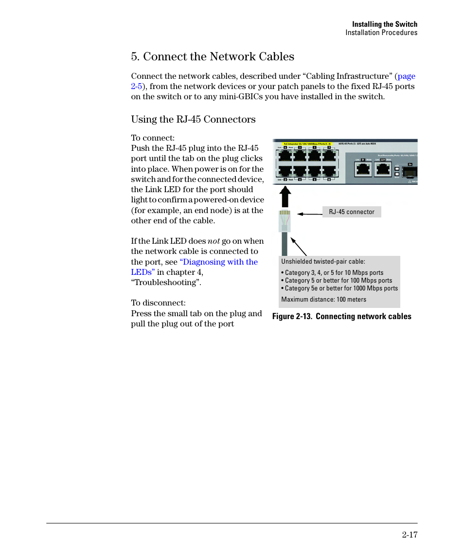 Connect the network cables, Using the rj-45 connectors, Connect the network cables -17 | Using the rj-45 connectors -17 | HP 2520G-POE User Manual | Page 37 / 101