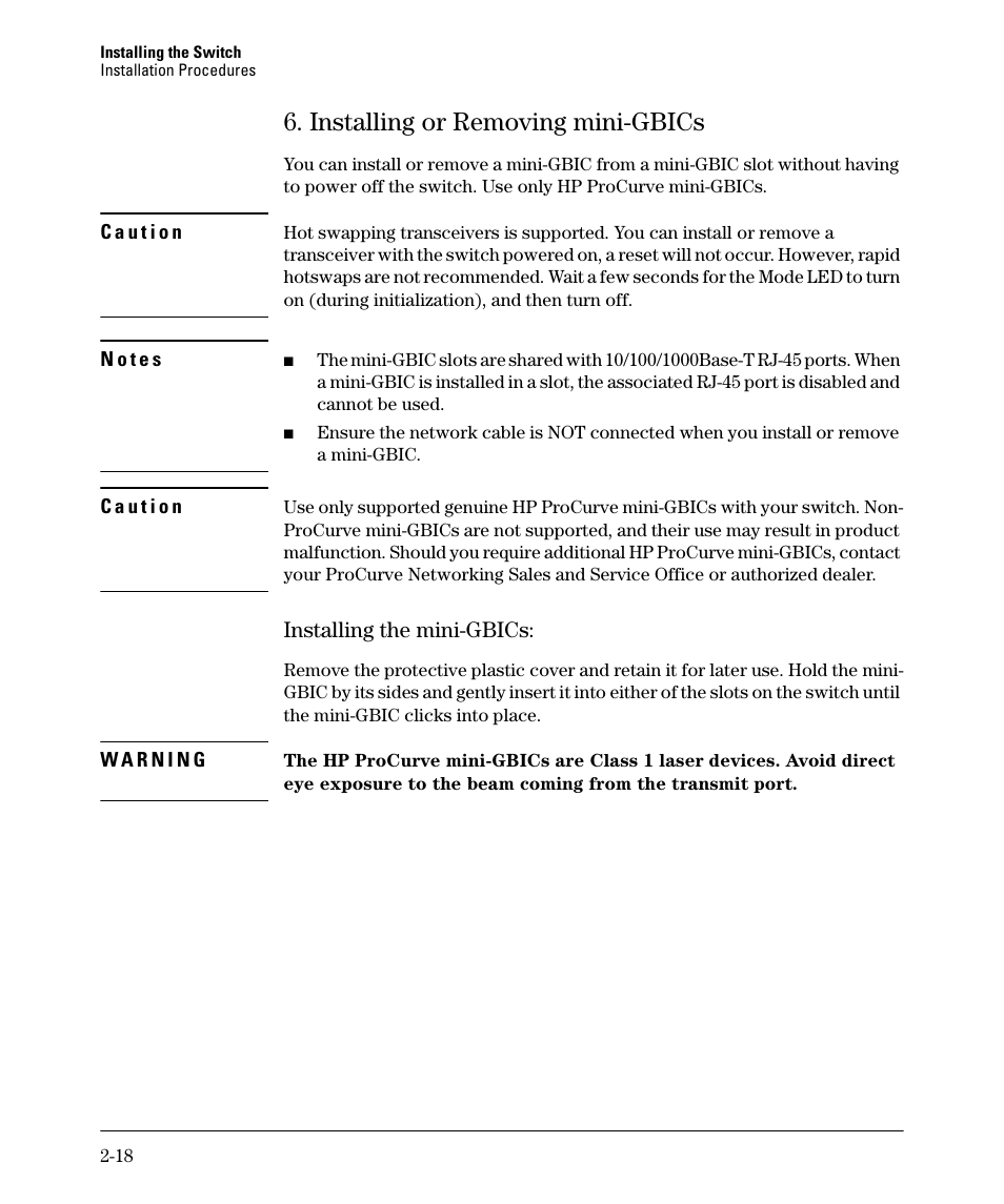 Installing or removing mini-gbics, Installing the mini-gbics, Installing or removing mini-gbics -18 | Installing the mini-gbics: -18 | HP 2520G-POE User Manual | Page 38 / 101