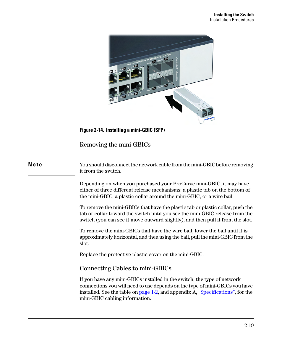 Removing the mini-gbics, Connecting cables to mini-gbics | HP 2520G-POE User Manual | Page 39 / 101