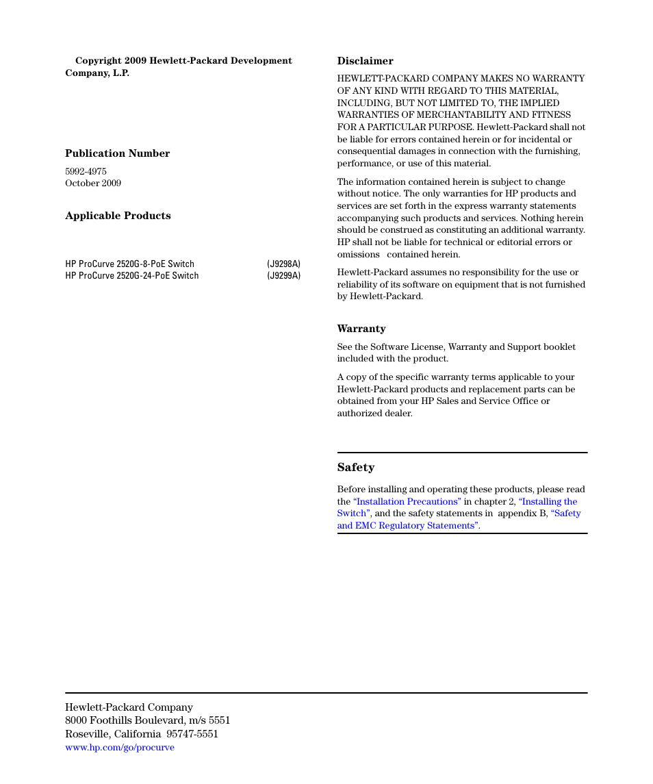 Safety | HP 2520G-POE User Manual | Page 4 / 101