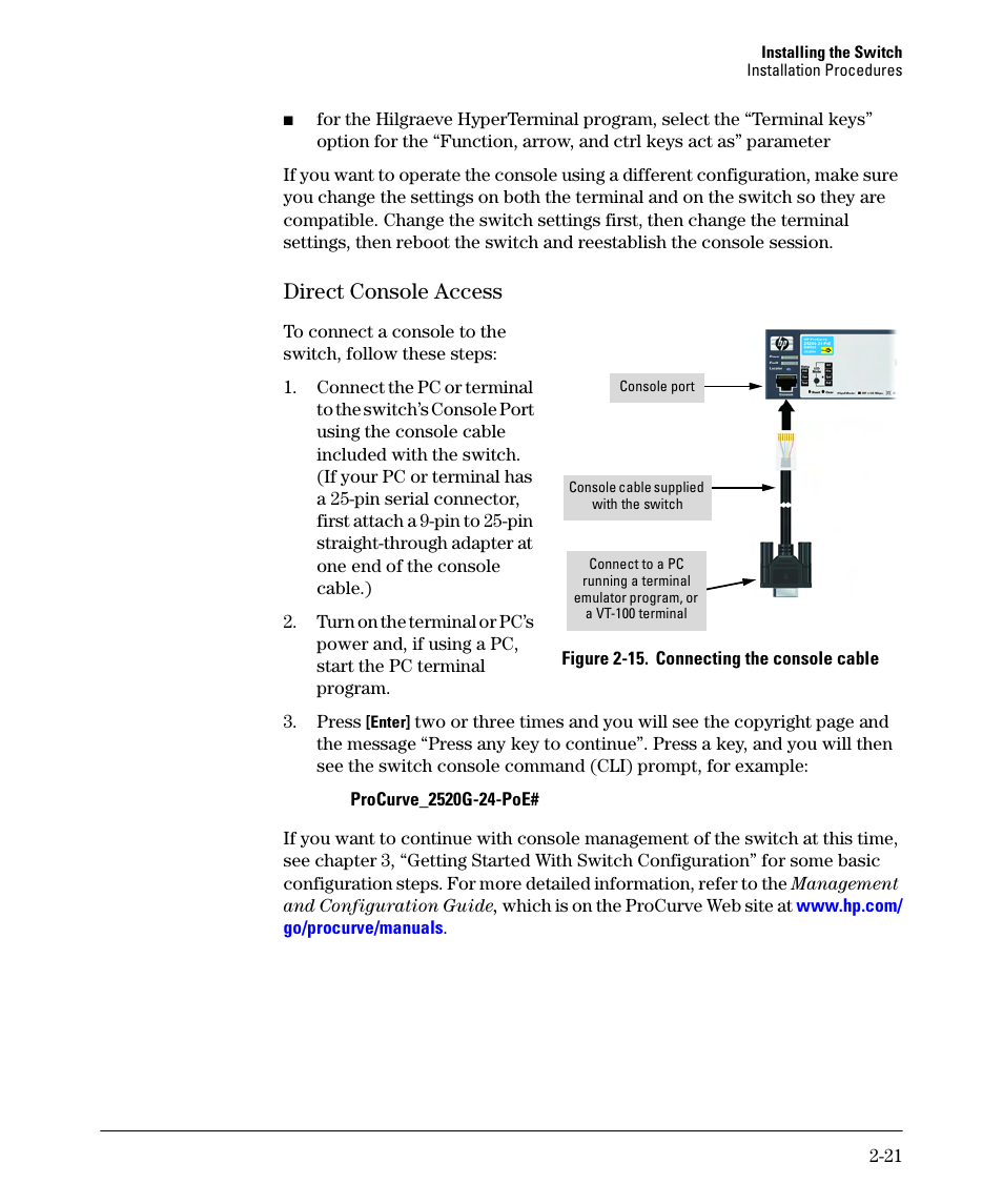 Direct console access, Direct console access -21 | HP 2520G-POE User Manual | Page 41 / 101