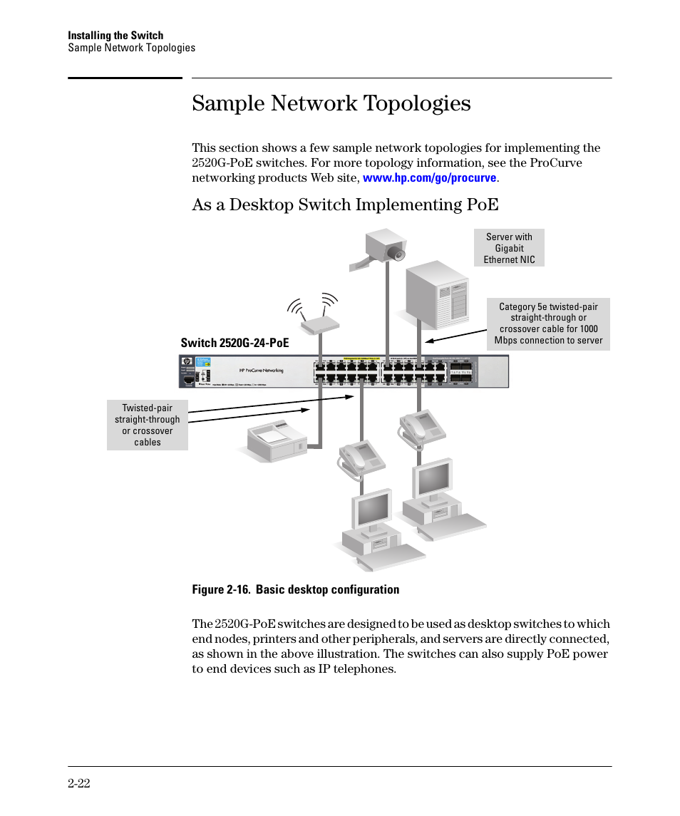 Sample network topologies, As a desktop switch implementing poe, Sample network topologies -22 | As a desktop switch implementing poe -22 | HP 2520G-POE User Manual | Page 42 / 101