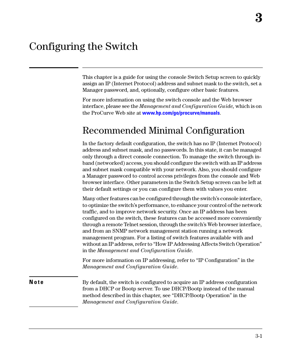 Configuring the switch, Recommended minimal configuration, 3 configuring the switch | Recommended minimal configuration -1, In the | HP 2520G-POE User Manual | Page 47 / 101