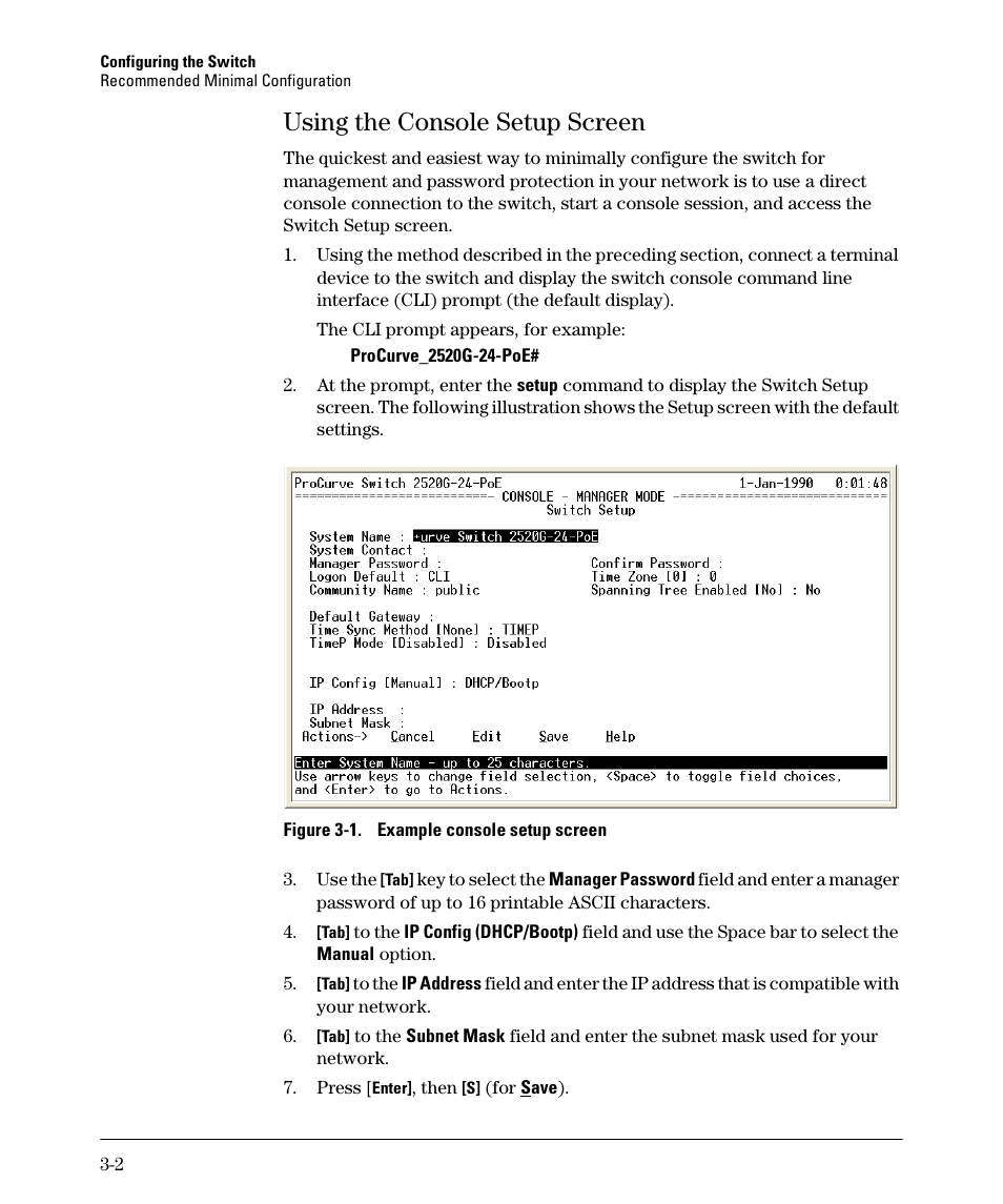 Using the console setup screen, Using the console setup screen -2 | HP 2520G-POE User Manual | Page 48 / 101