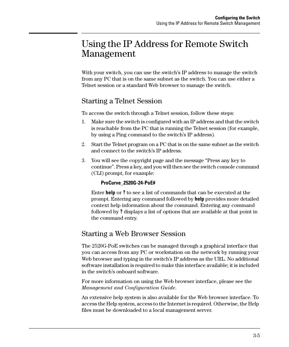 Using the ip address for remote switch management, Starting a telnet session, Starting a web browser session | Starting a telnet session -5, Starting a web browser session -5 | HP 2520G-POE User Manual | Page 51 / 101