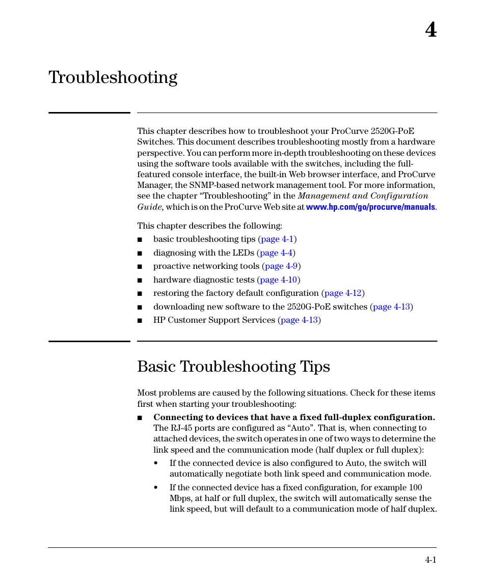 Troubleshooting, Basic troubleshooting tips, 4 troubleshooting | Basic troubleshooting tips -1 | HP 2520G-POE User Manual | Page 53 / 101