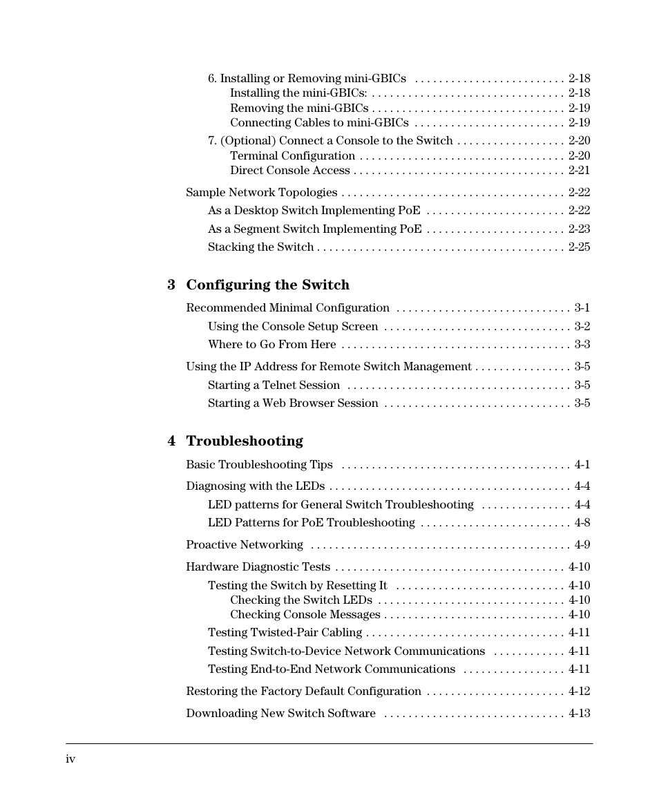 3 configuring the switch, 4 troubleshooting | HP 2520G-POE User Manual | Page 6 / 101