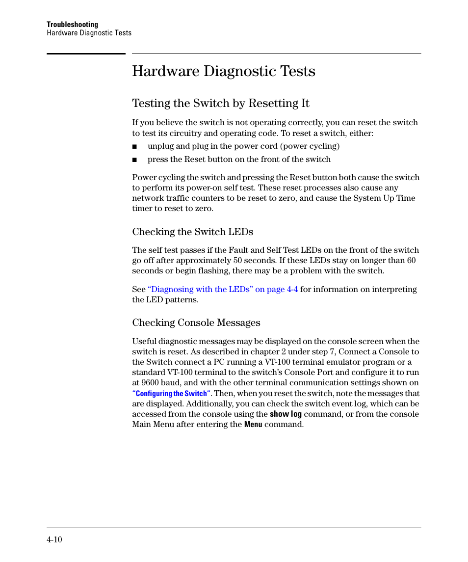 Hardware diagnostic tests, Testing the switch by resetting it, Checking the switch leds | Checking console messages, Hardware diagnostic tests -10, Testing the switch by resetting it -10 | HP 2520G-POE User Manual | Page 62 / 101