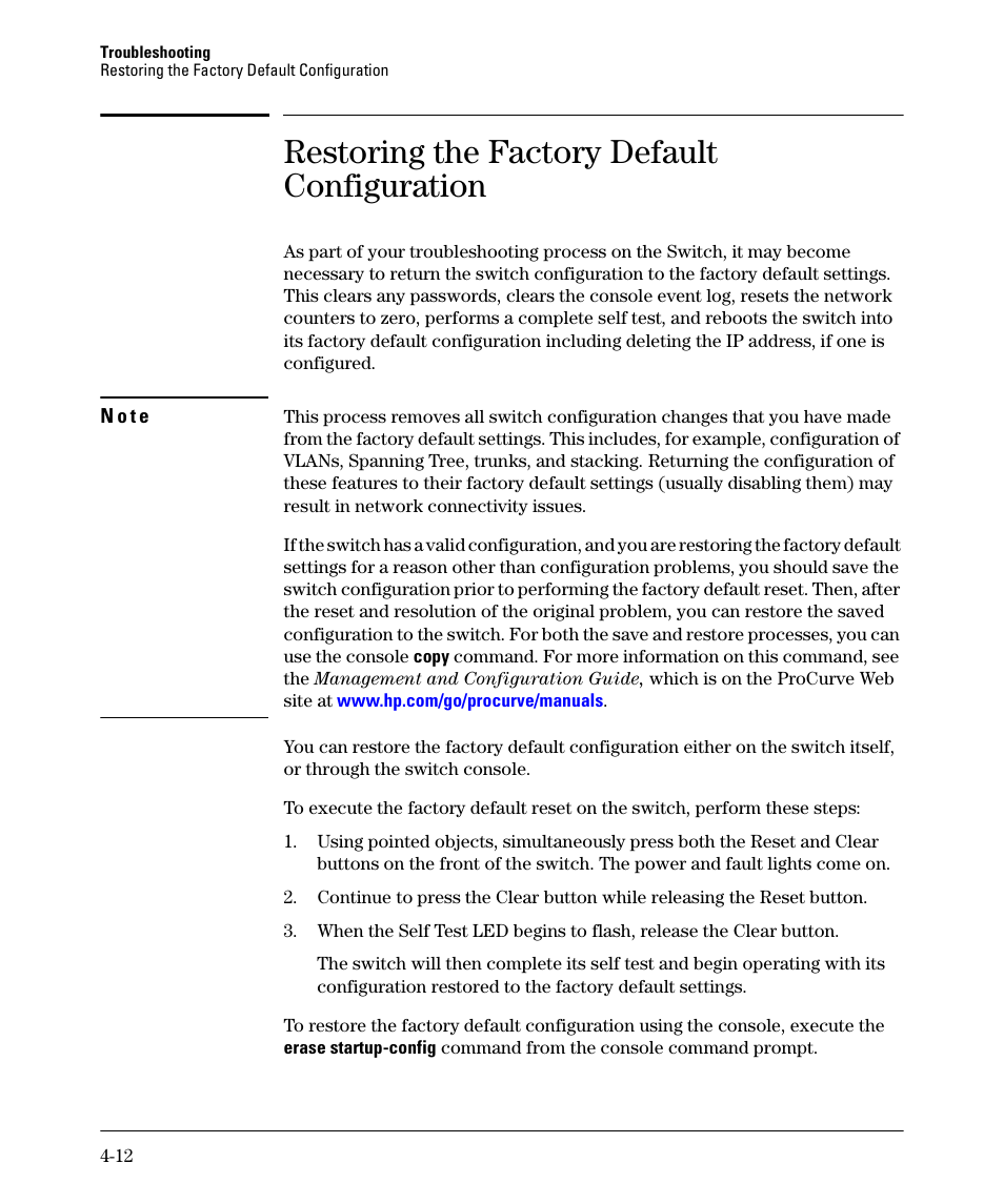 Restoring the factory default configuration, Restoring the factory default configuration -12 | HP 2520G-POE User Manual | Page 64 / 101