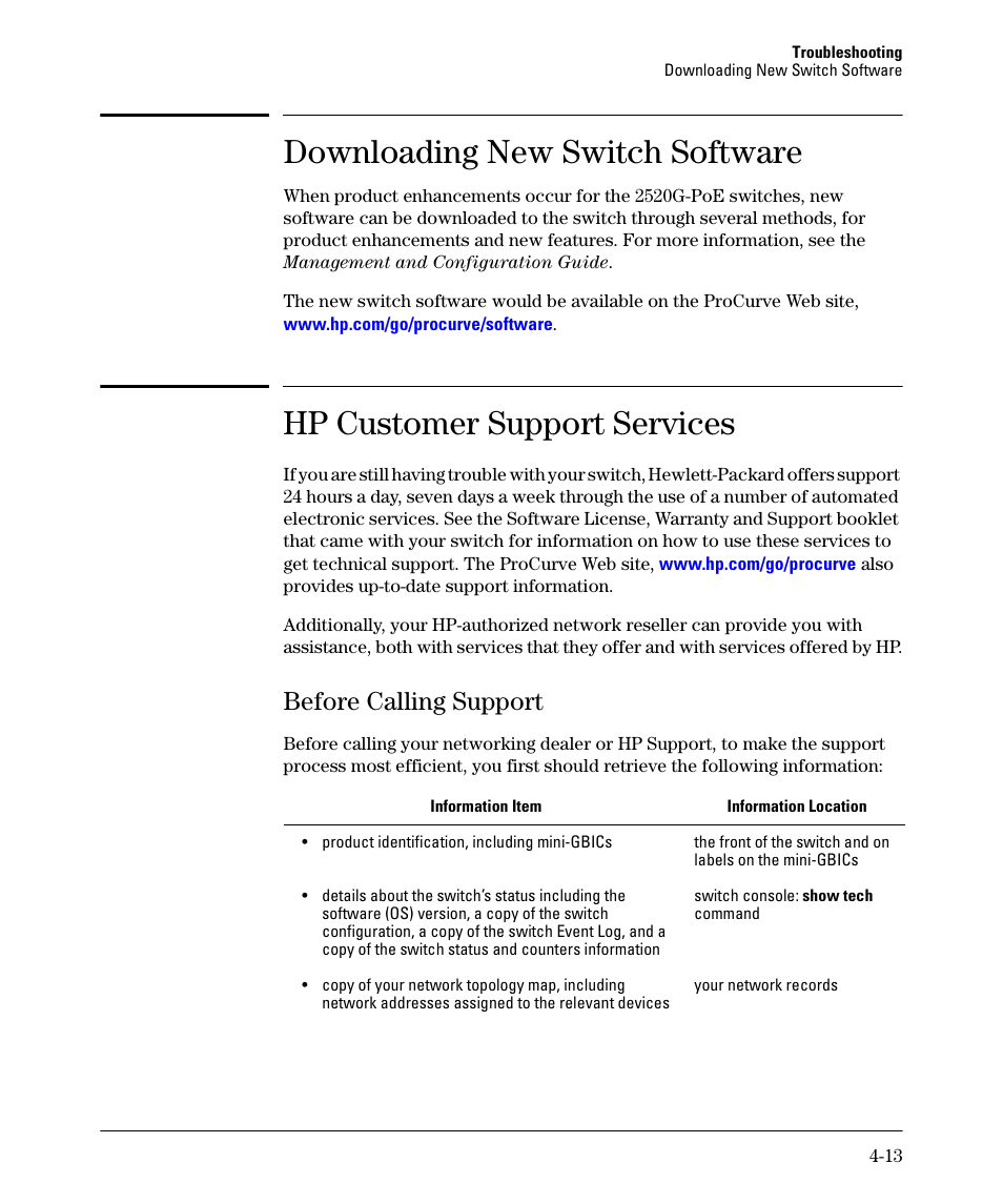 Downloading new switch software, Hp customer support services, Before calling support | Downloading new switch software -13, Hp customer support services -13, Before calling support -13 | HP 2520G-POE User Manual | Page 65 / 101