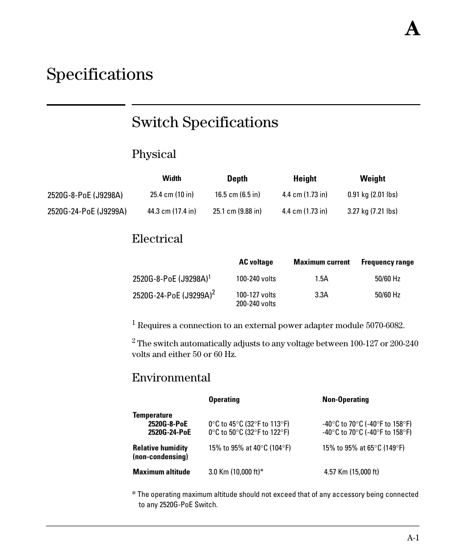 Specifications, Switch specifications, Physical | Electrical, Environmental, A specifications, Physical electrical | HP 2520G-POE User Manual | Page 67 / 101