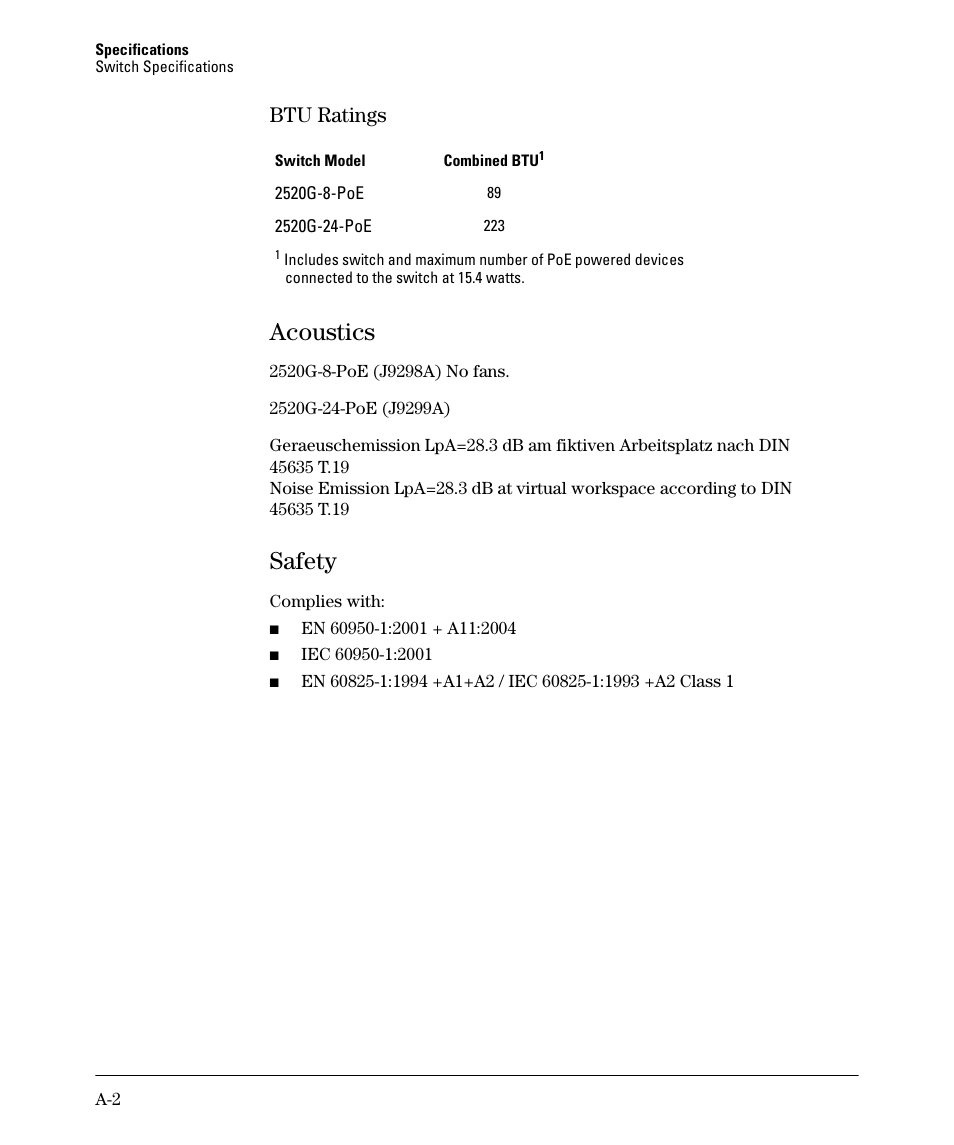 Btu ratings, Acoustics, Safety | HP 2520G-POE User Manual | Page 68 / 101