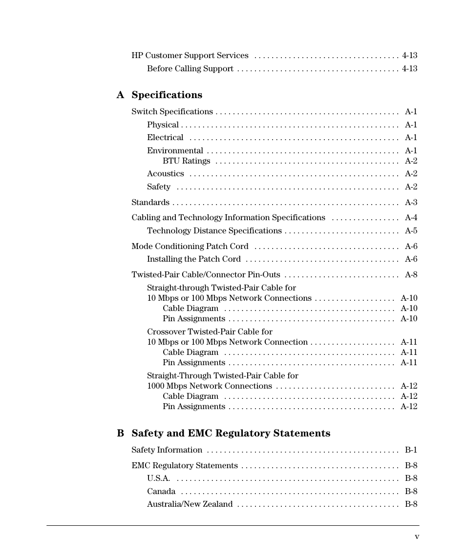 A specifications, B safety and emc regulatory statements | HP 2520G-POE User Manual | Page 7 / 101