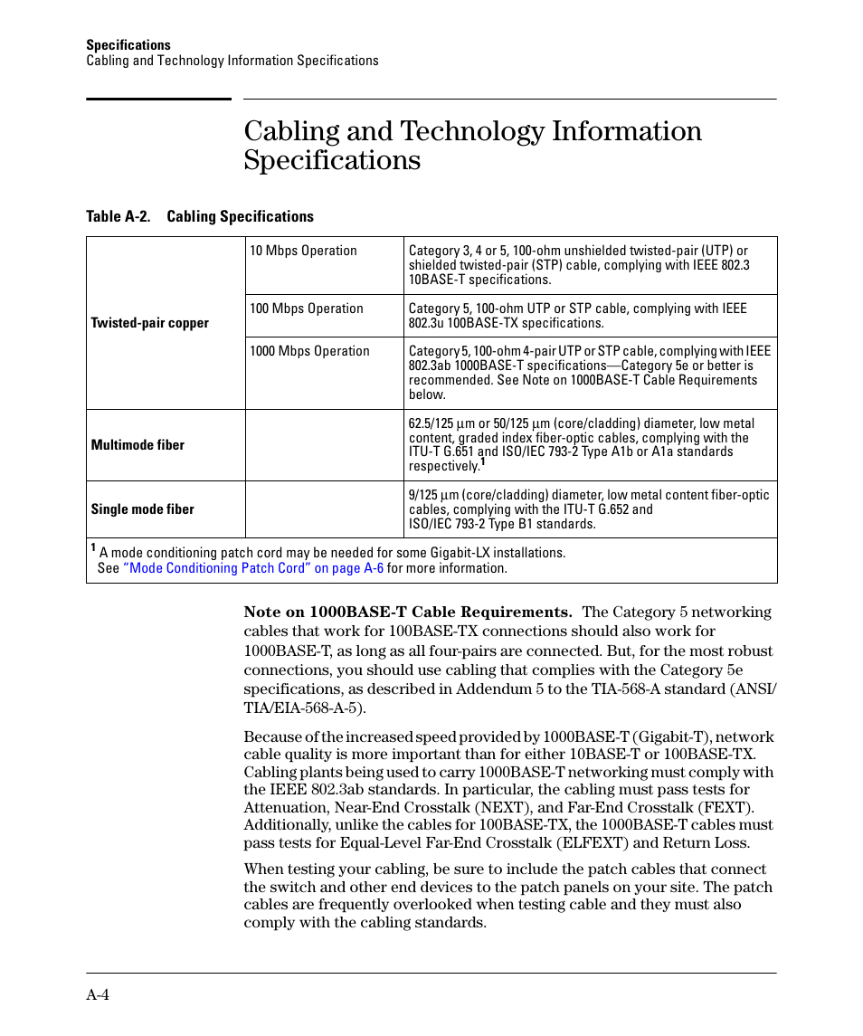 Cabling and technology information specifications, Es see, Cabling and technology informa | Tion specifications | HP 2520G-POE User Manual | Page 70 / 101