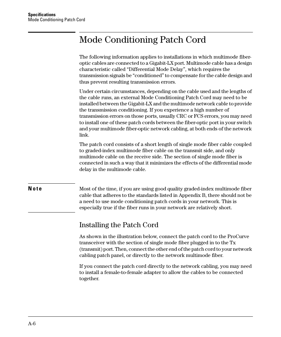 Mode conditioning patch cord, Installing the patch cord | HP 2520G-POE User Manual | Page 72 / 101