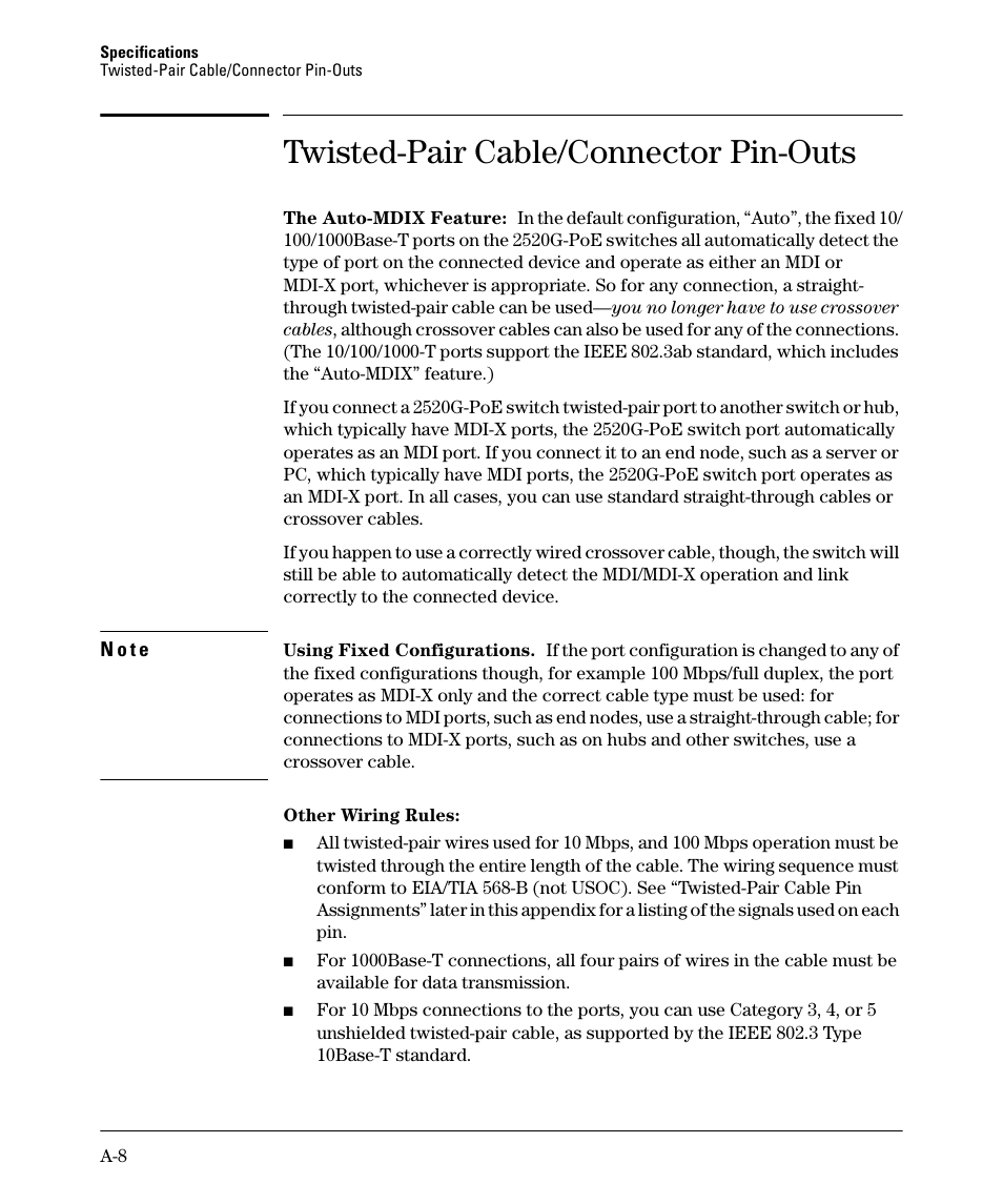 Twisted-pair cable/connector pin-outs | HP 2520G-POE User Manual | Page 74 / 101