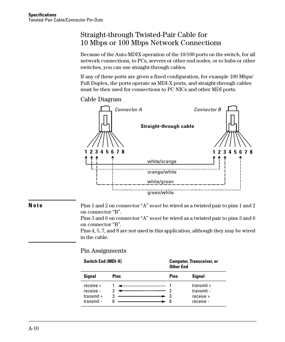 Cable diagram, Pin assignments | HP 2520G-POE User Manual | Page 76 / 101