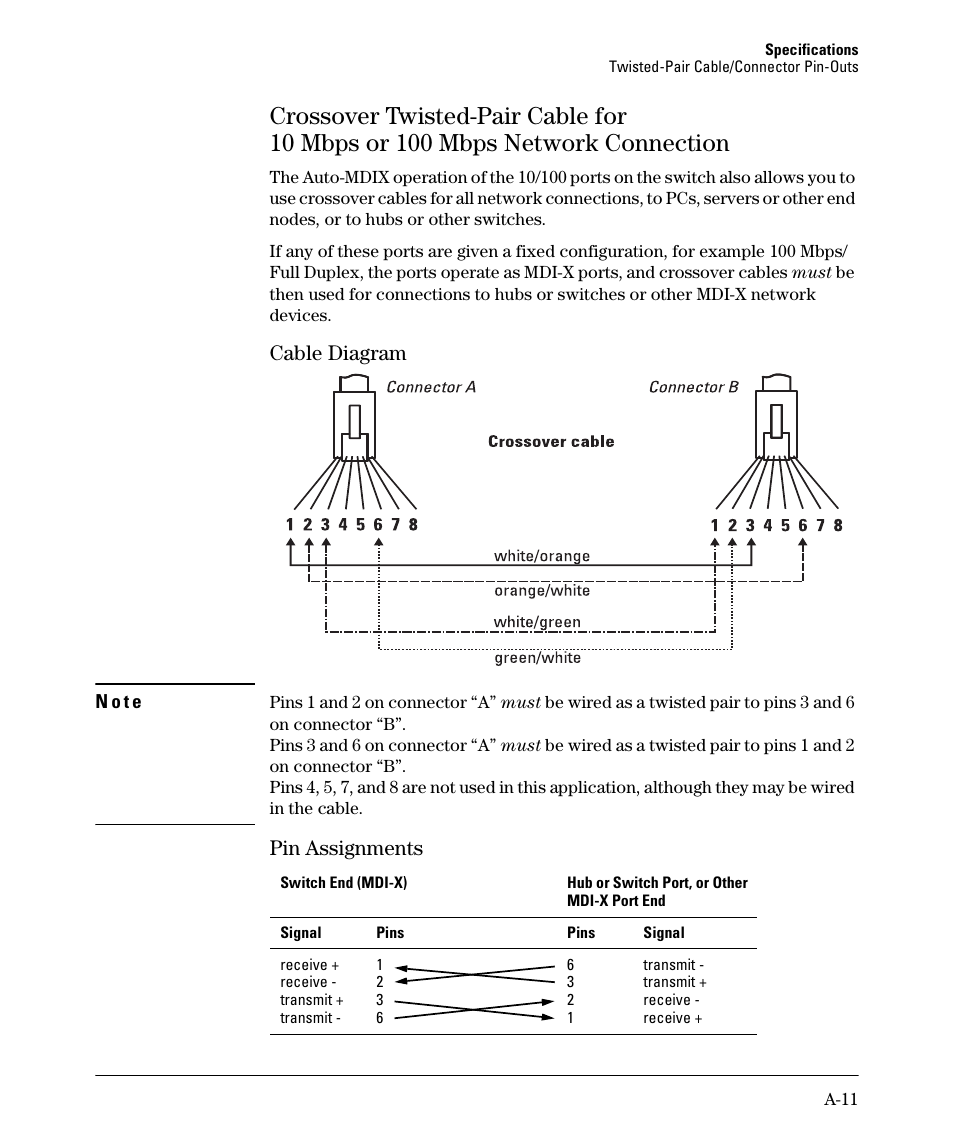 Cable diagram, Pin assignments | HP 2520G-POE User Manual | Page 77 / 101