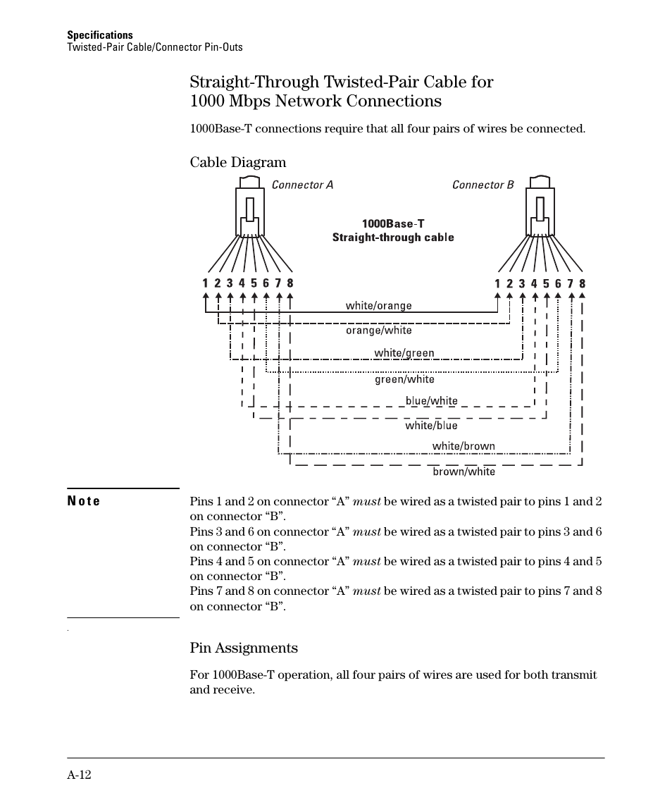 Cable diagram, Pin assignments | HP 2520G-POE User Manual | Page 78 / 101