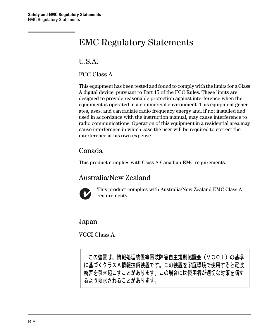 Emc regulatory statements, U.s.a, Canada | Australia/new zealand, Japan | HP 2520G-POE User Manual | Page 86 / 101