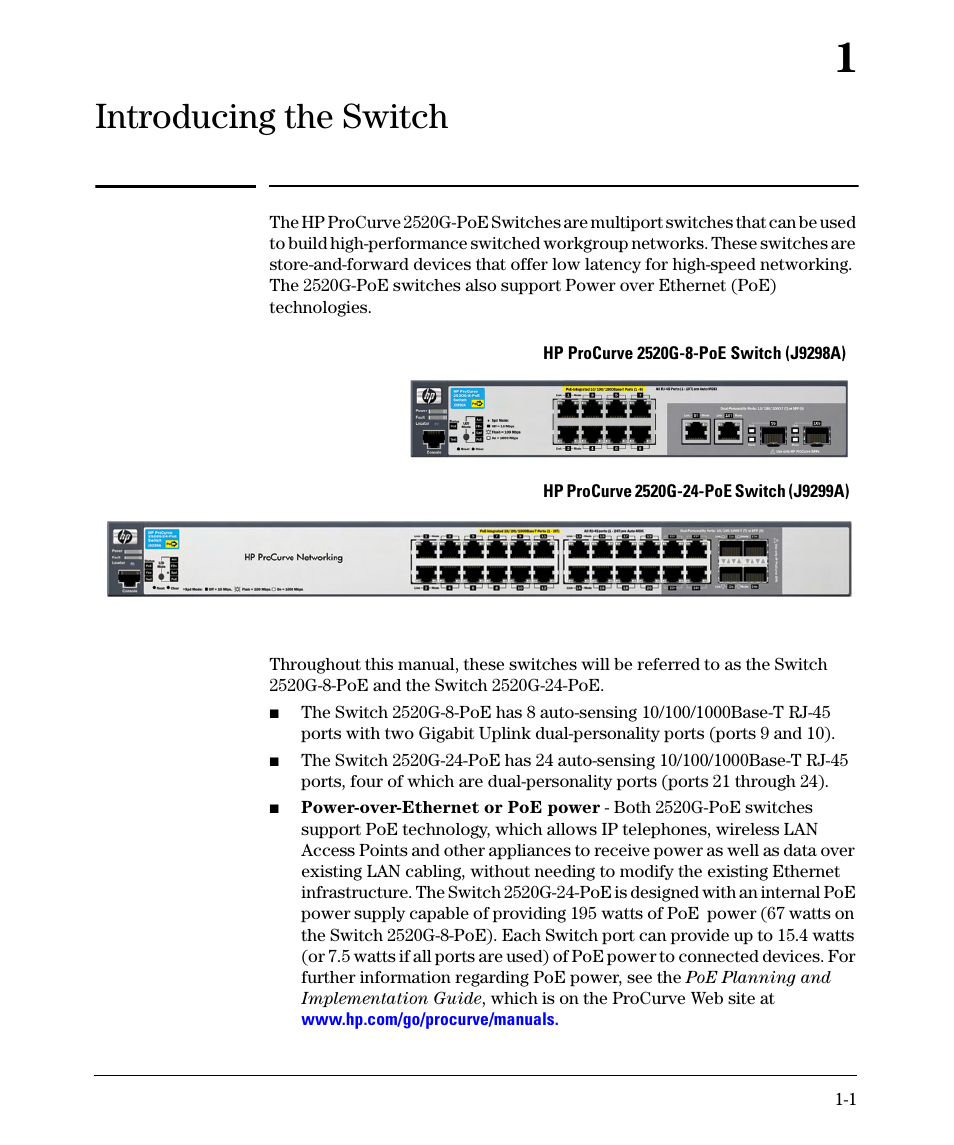 Introducing the switch, 1 introducing the switch | HP 2520G-POE User Manual | Page 9 / 101