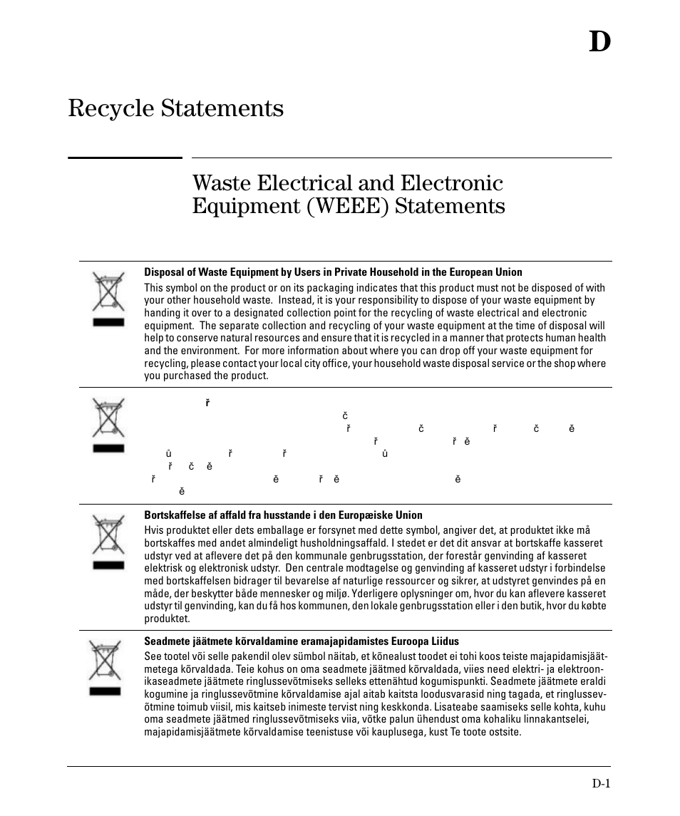 Recycle statements, D recycle statements | HP 2520G-POE User Manual | Page 91 / 101