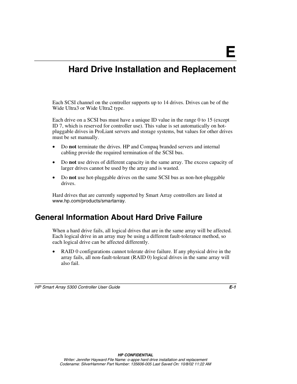 General information about hard drive failure, Appendix e, Hard drive installation and replacement | HP 5300 User Manual | Page 118 / 164