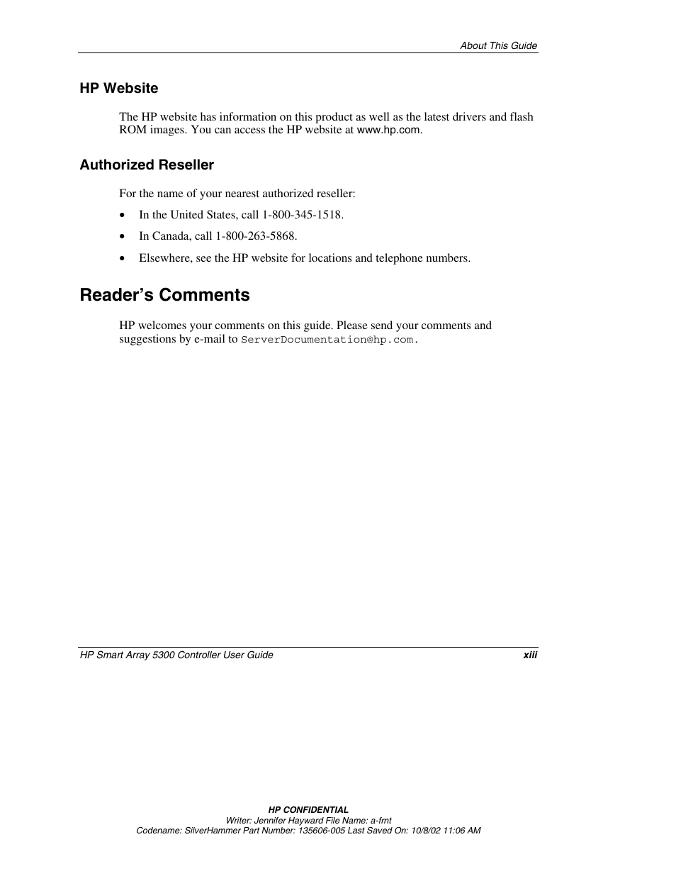 Hp website, Authorized reseller, Reader’s comments | HP 5300 User Manual | Page 12 / 164
