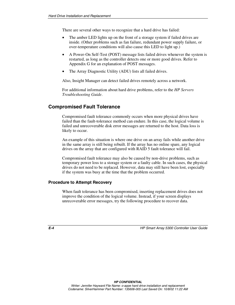 Compromised fault tolerance, Procedure to attempt recovery | HP 5300 User Manual | Page 121 / 164