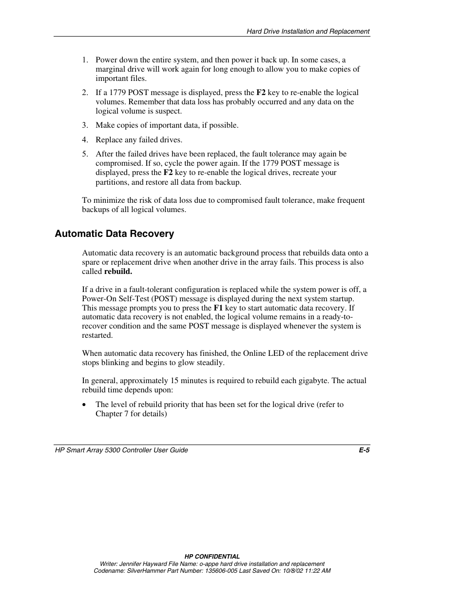 Automatic data recovery | HP 5300 User Manual | Page 122 / 164