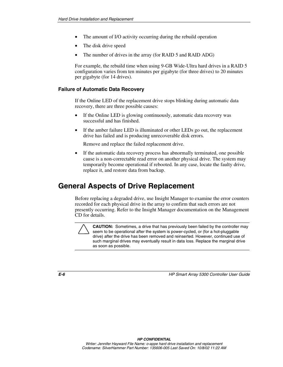 Failure of automatic data recovery, General aspects of drive replacement | HP 5300 User Manual | Page 123 / 164