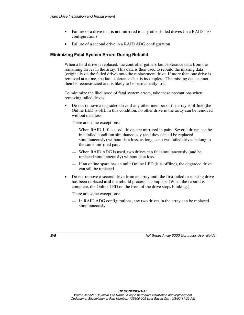 Minimizing fatal system errors during rebuild | HP 5300 User Manual | Page 125 / 164