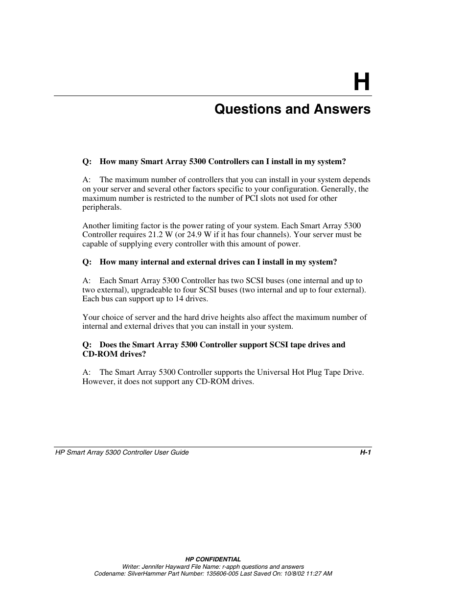 Appendix h: questions and answers, Appendix h, Questions and answers | HP 5300 User Manual | Page 144 / 164