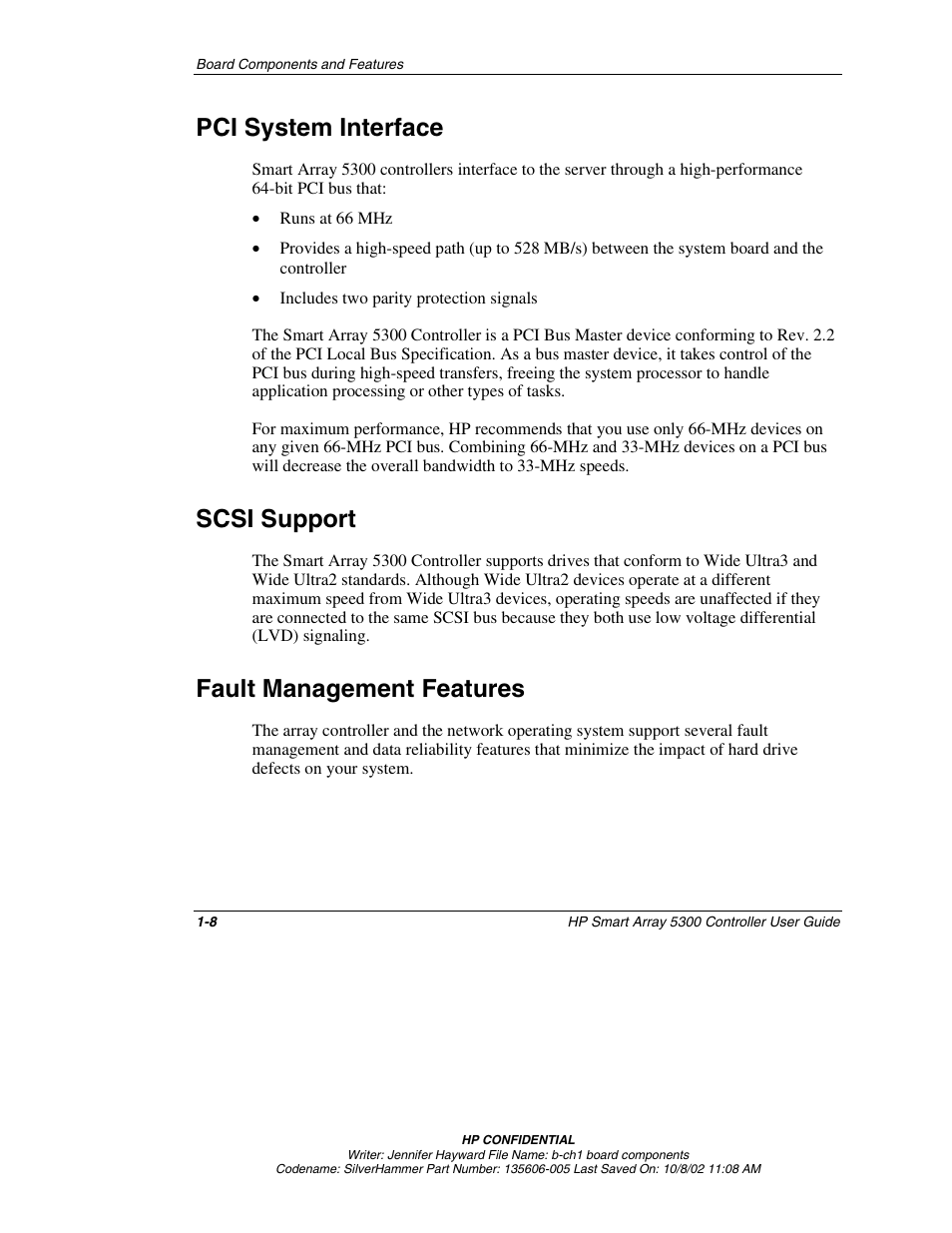 Pci system interface, Scsi support, Fault management features | Pci system interface -8, Scsi support -8, Fault management features -8 | HP 5300 User Manual | Page 20 / 164