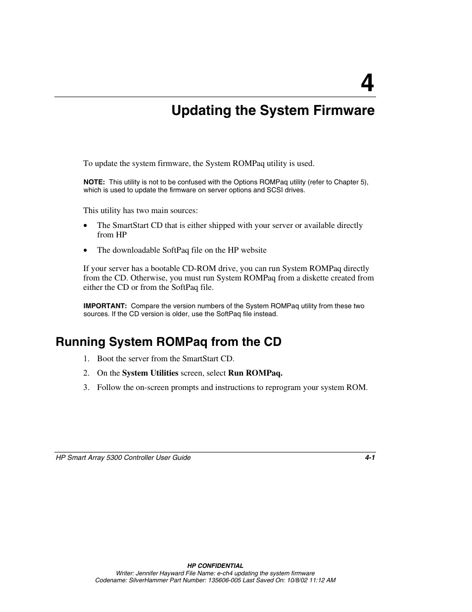 Chapter 4: updating the system firmware, Running system rompaq from the cd, Chapter 4 | Updating the system firmware, Running system rompaq from the cd -1 | HP 5300 User Manual | Page 31 / 164