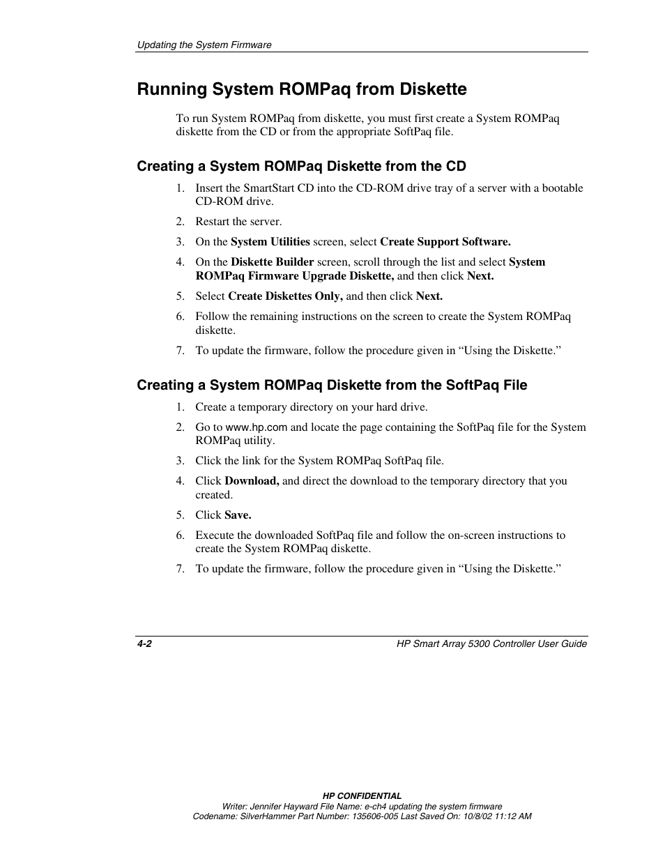 Running system rompaq from diskette, Creating a system rompaq diskette from the cd, Running system rompaq from diskette -2 | Creating a system rompaq diskette from the cd -2 | HP 5300 User Manual | Page 32 / 164