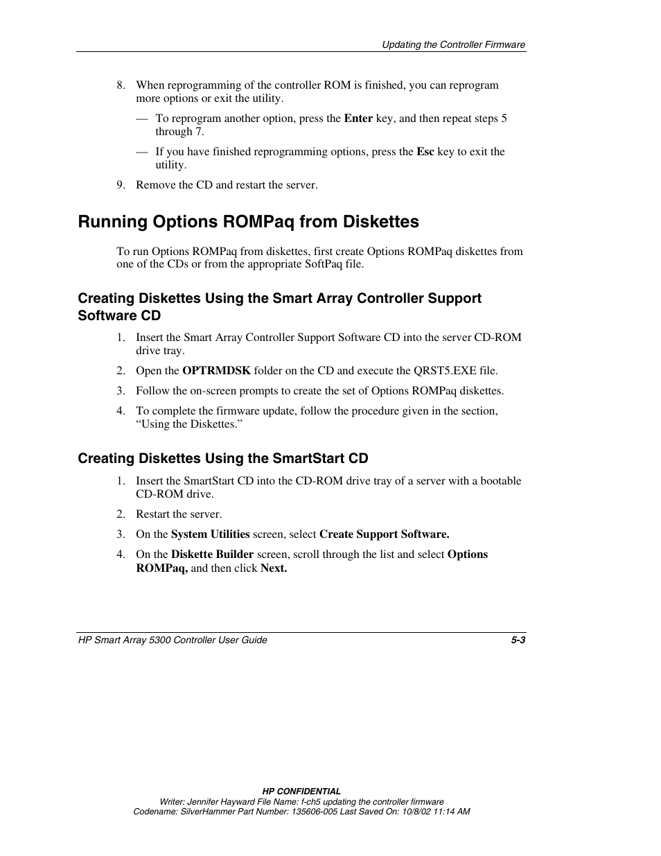 Running options rompaq from diskettes, Creating diskettes using the smartstart cd, Running options rompaq from diskettes -3 | Creating diskettes using the smartstart cd -3 | HP 5300 User Manual | Page 36 / 164