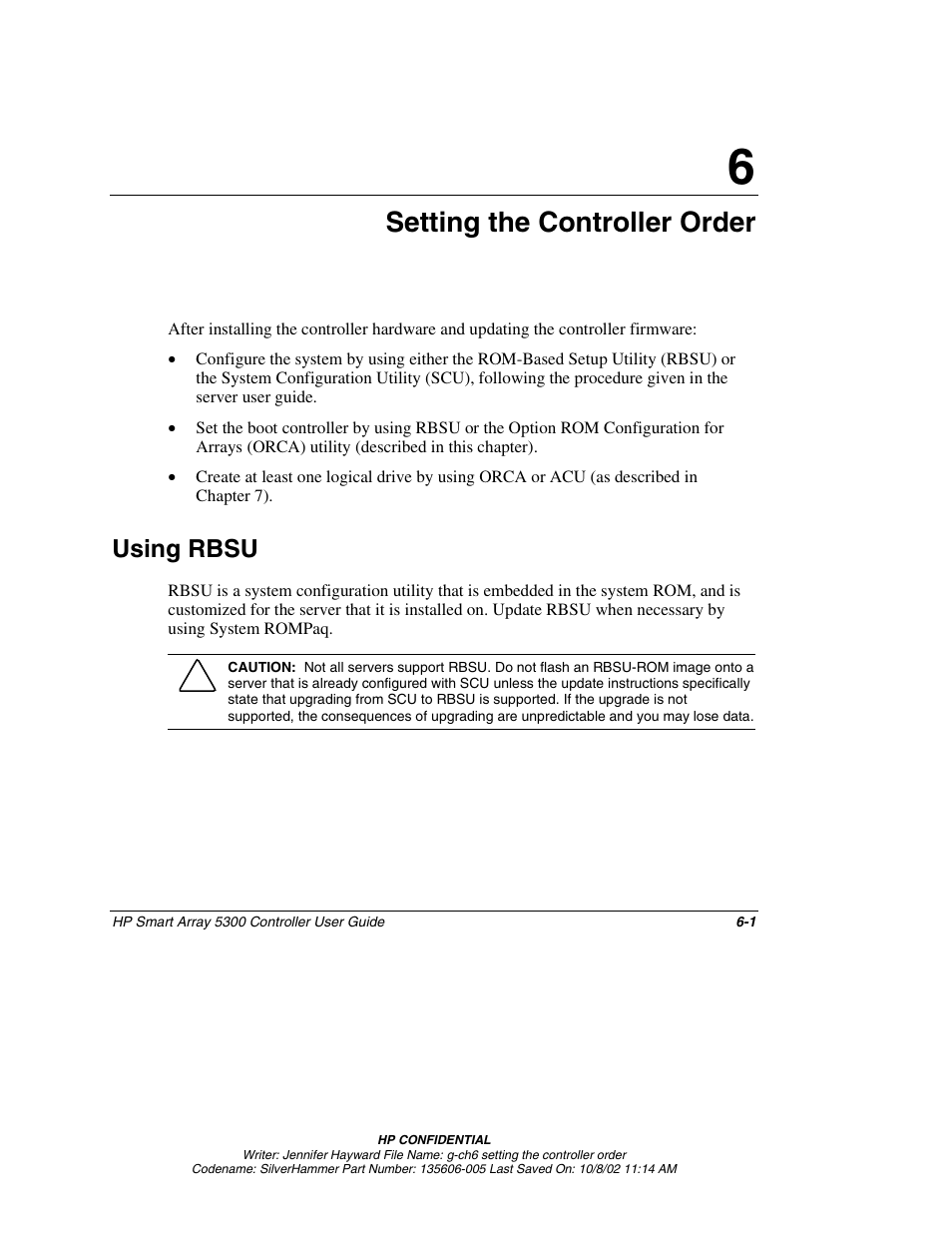 Chapter 6: setting the controller order, Using rbsu, Chapter 6 | Setting the controller order, Using rbsu -1 | HP 5300 User Manual | Page 40 / 164