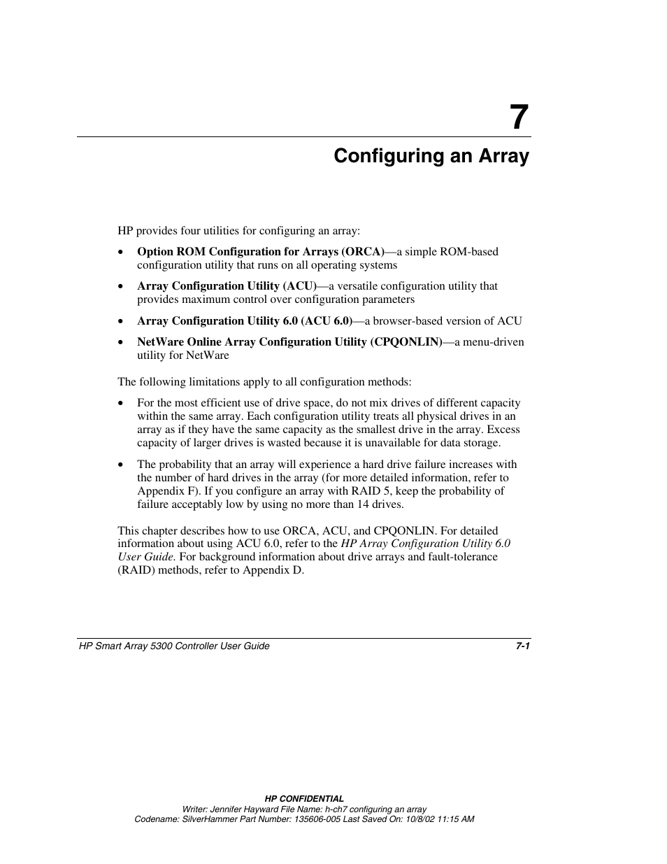 Chapter 7: configuring an array, Chapter 7, Configuring an array | HP 5300 User Manual | Page 43 / 164