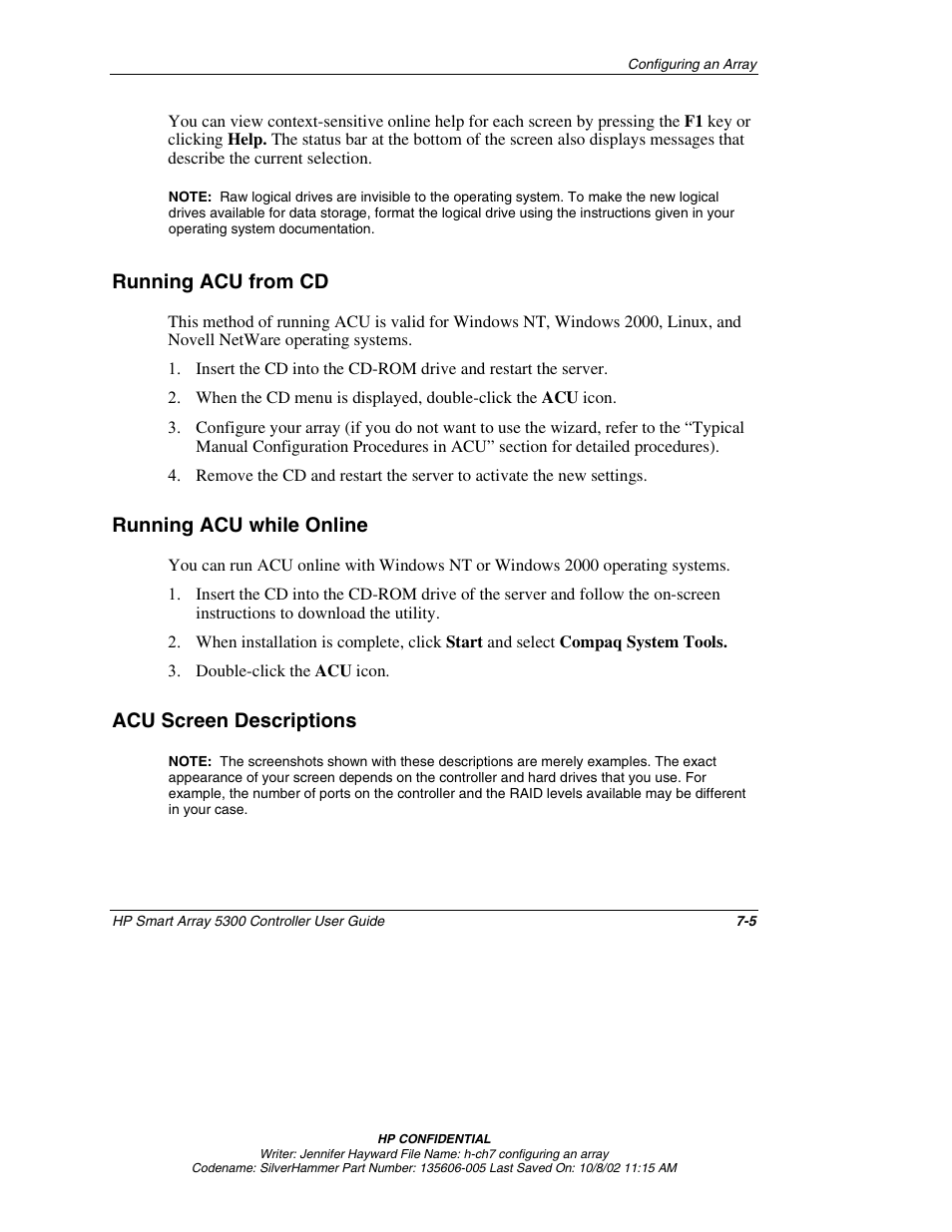 Running acu from cd, Running acu while online, Acu screen descriptions | Running acu from cd -5, Running acu while online -5, Acu screen descriptions -5 | HP 5300 User Manual | Page 47 / 164
