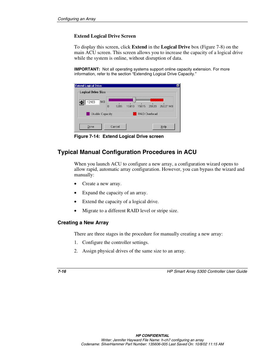 Typical manual configuration procedures in acu, Creating a new array, Typical manual configuration procedures in acu -16 | HP 5300 User Manual | Page 58 / 164