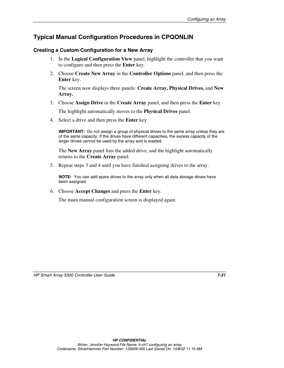 Creating a custom configuration for a new array | HP 5300 User Manual | Page 73 / 164