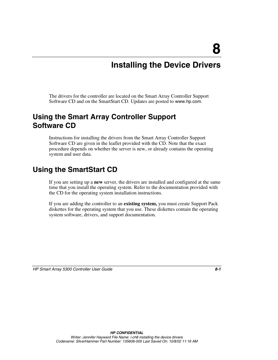 Chapter 8: installing the device drivers, Using the smartstart cd, Chapter 8 | Installing the device drivers, Using the smartstart cd -1 | HP 5300 User Manual | Page 79 / 164