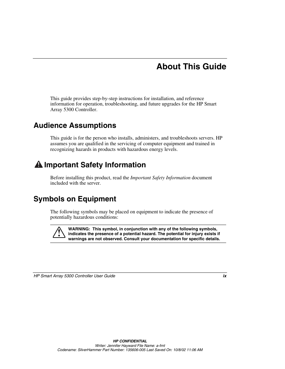 About this guide, Audience assumptions, Important safety information | Symbols on equipment | HP 5300 User Manual | Page 8 / 164