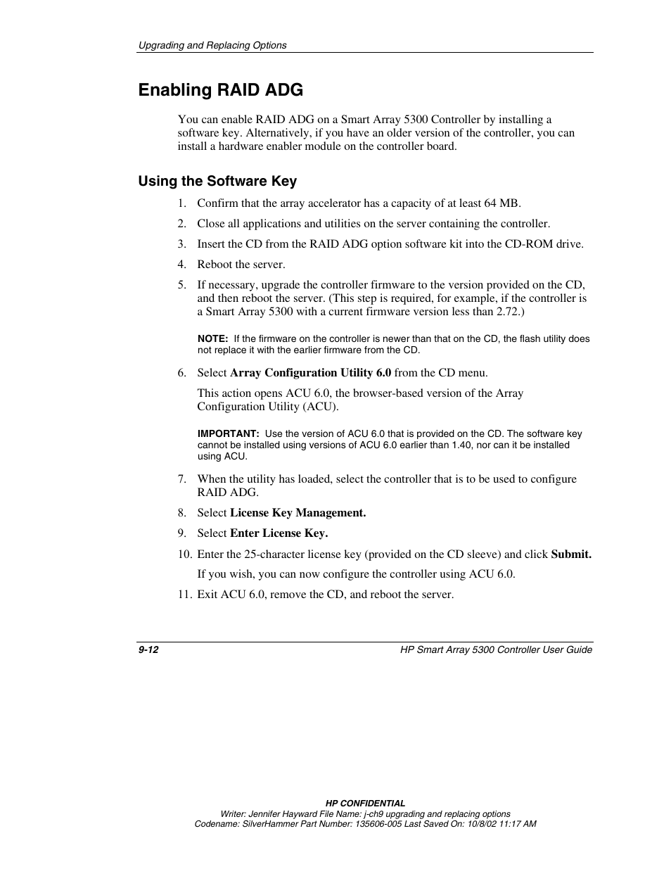 Enabling raid adg, Using the software key, Enabling raid adg -12 | Using the software key -12 | HP 5300 User Manual | Page 92 / 164