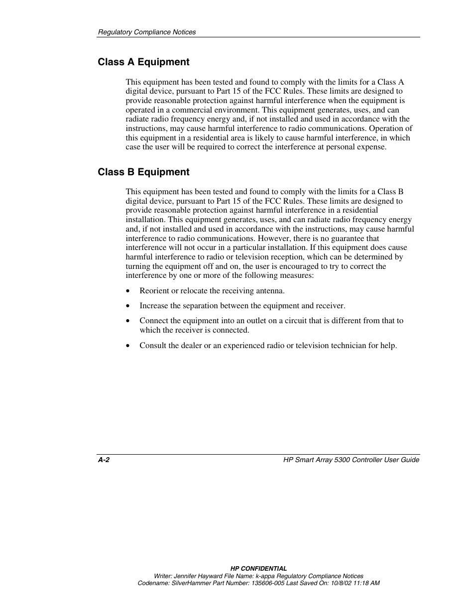Class a equipment, Class b equipment | HP 5300 User Manual | Page 98 / 164