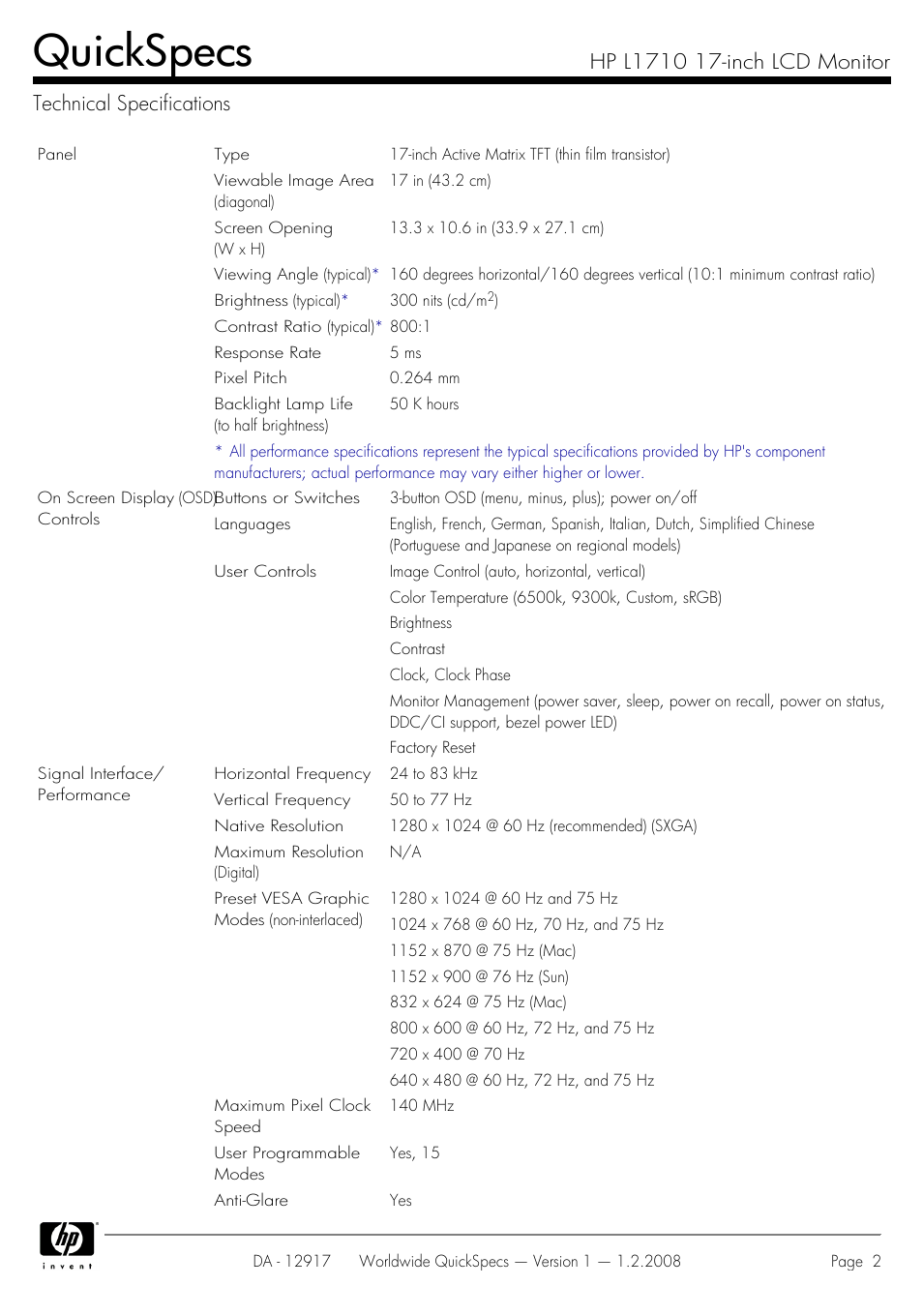 Technical specifications, Quickspecs | HP GS917AA User Manual | Page 2 / 6