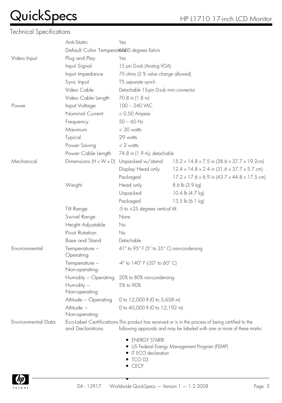 Quickspecs | HP GS917AA User Manual | Page 3 / 6